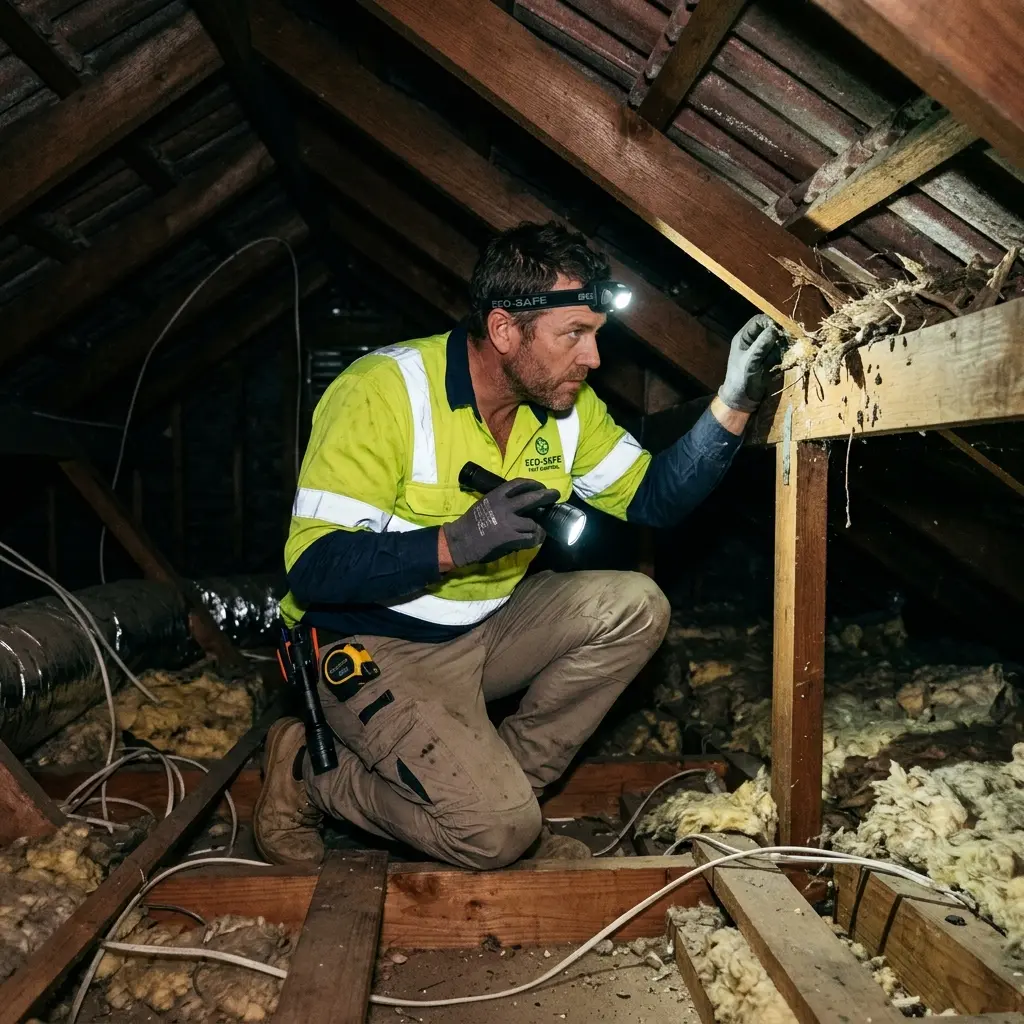 Technician inspecting a roof cavity for a dead animal in Point Wilson