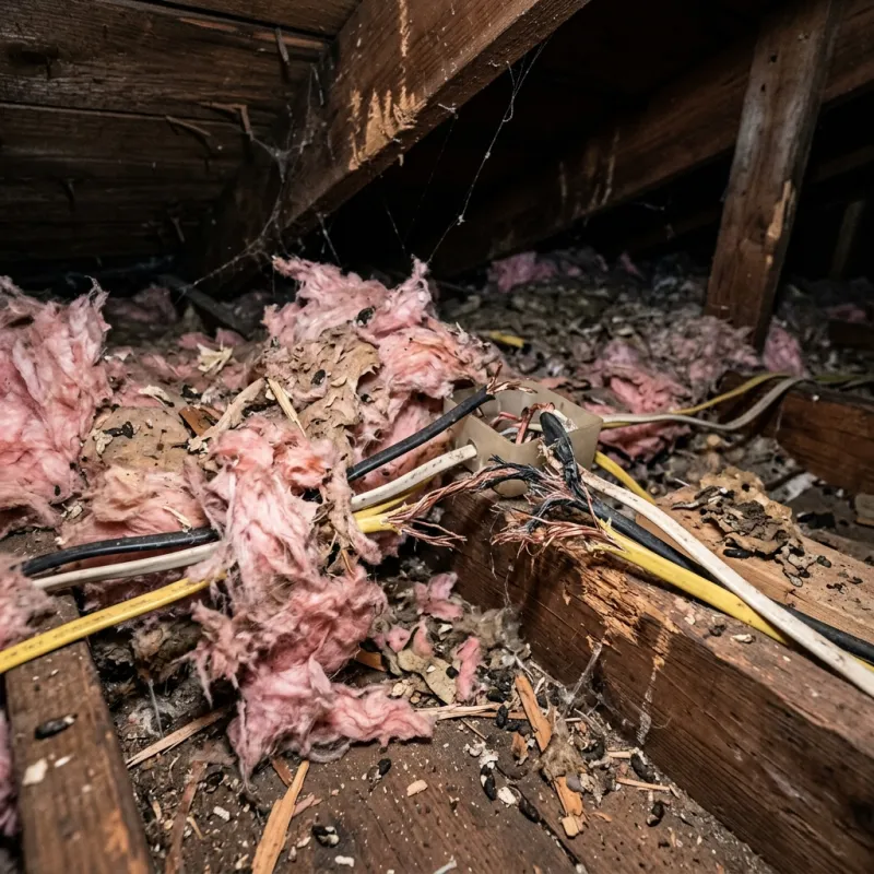 Contaminated ceiling insulation being assessed in a Point Wilson roof space