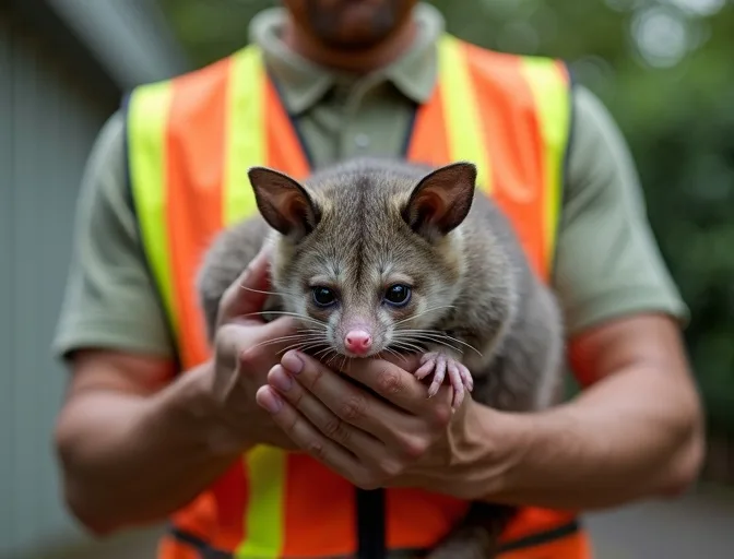 Animal handler safely recovering a deceased possum in Point Wilson