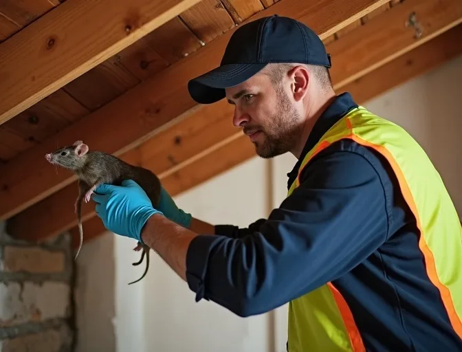 Technician inspecting a roof cavity for a dead rat in Point Wilson